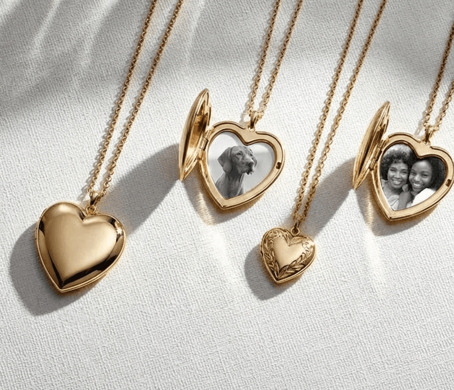 Gold heart lockets, two of them open to show a photograph inside.