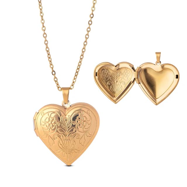 A gold heart locket engraved with a flower on a stem.