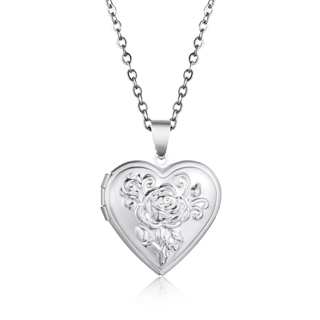 A silver heart locket engraved with a rose.